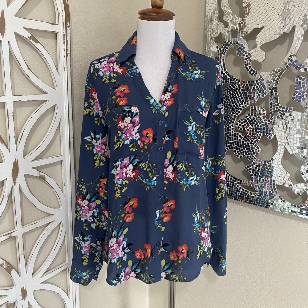 EXPRESS THE PORTOFINO SHIRT SLIM FIT small SEMI SHEER ROLL TAB LONG SLEEVE TOP